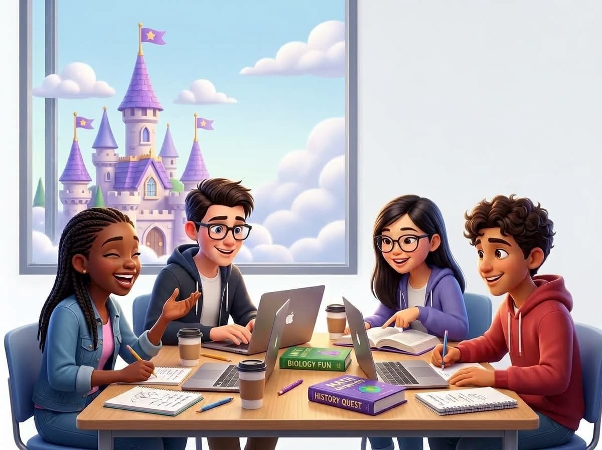 High School Students Studying with Mascot